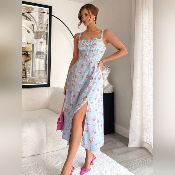 Vintage Garden Queue Patterned Square Neckline Sleeveless Ladies' Dress With Flo - Picture 5 of 6